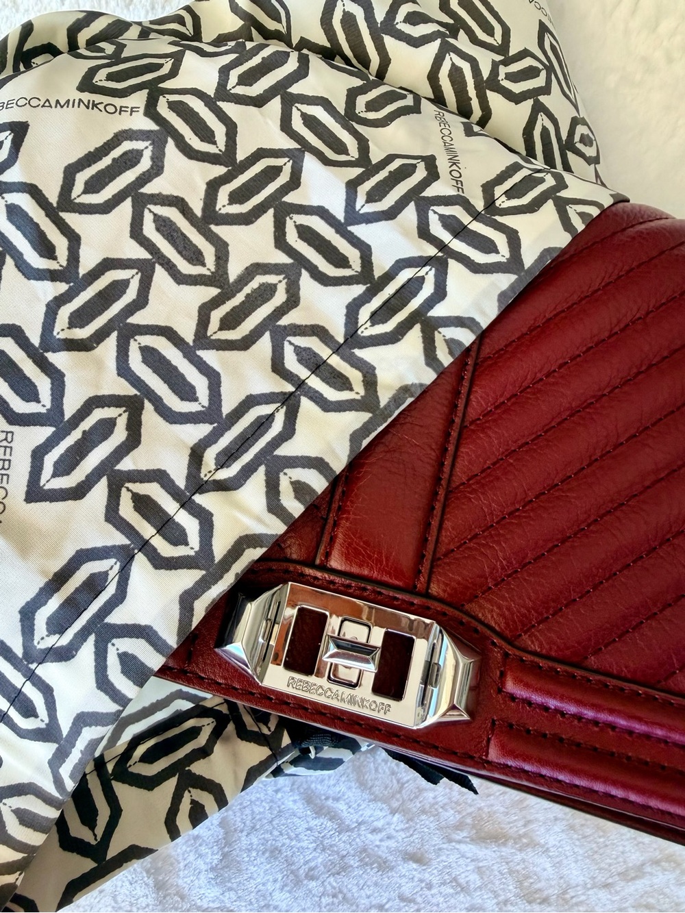 NWT Rebecca Minkoff Chevron Quilted Love Crossbody Bag Burgundy Silver
